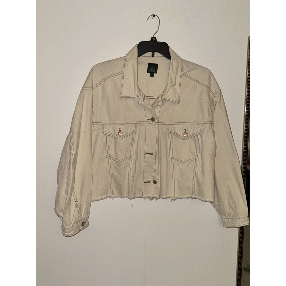 Wild Fable Cream Cropped Denim Trucker Jacket XL Raw Hem NWOT - Picture 5 of 11